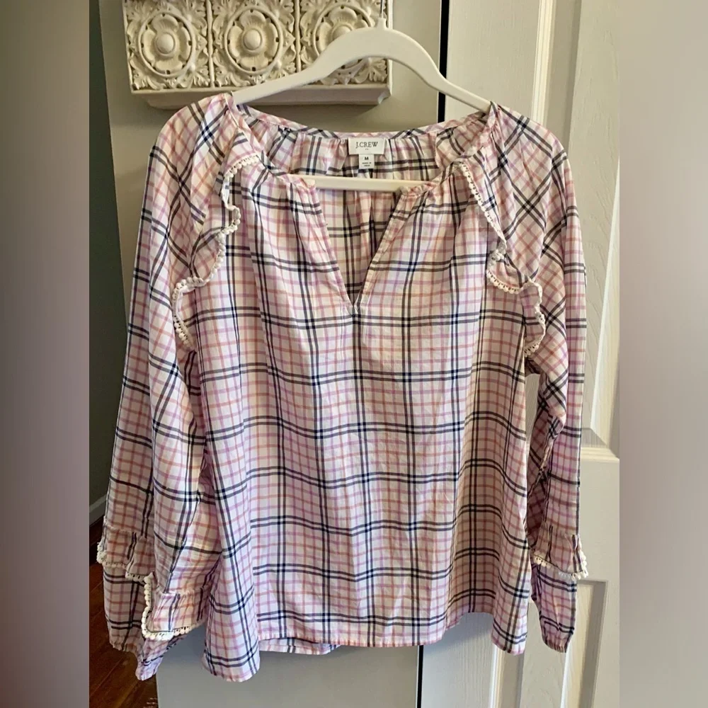 J. Crew Plaid Ruffle Trim Peasant Top Warm Ivory Rose - Size M